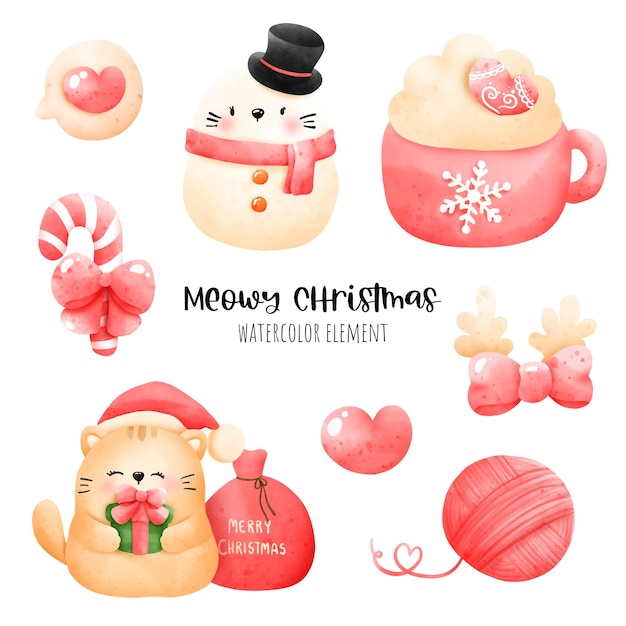 Pintura digital acuarela meowy elemento navideño. Vector de gato de Navidad.