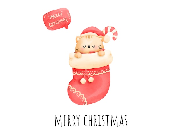 Pintura digital acuarela meowy tarjeta de Navidad. Vector de gato de Navidad.