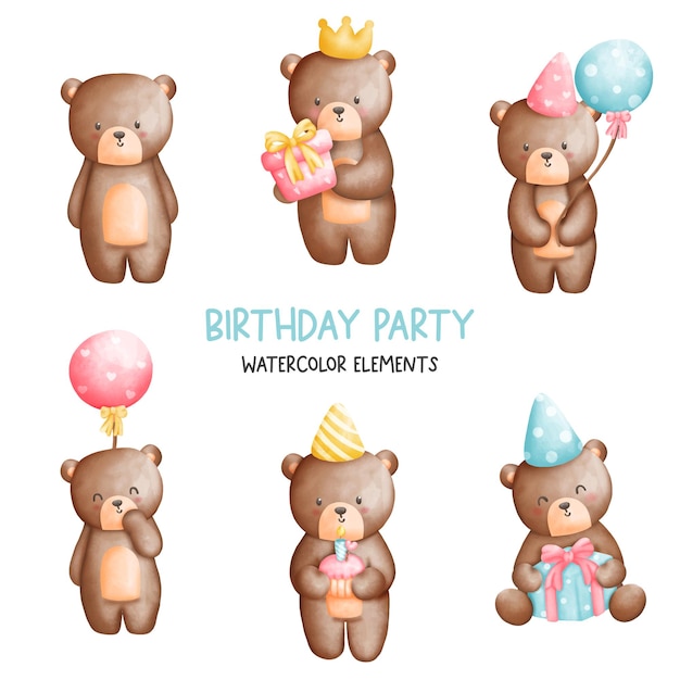 Pintura digital acuarela oso de peluche elementos de cumpleaños.