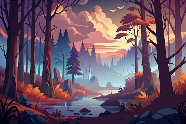 Una pintura digital de un bosque con árboles y un lago en el fondo