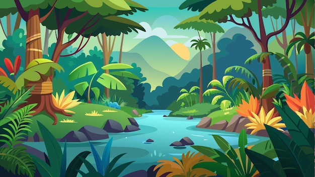 una pintura digital de un bosque con montañas y árboles