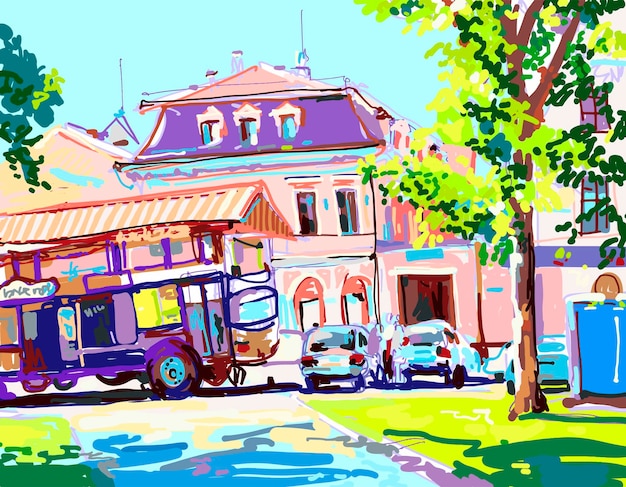 Pintura digital de día soleado en la ciudad verano contemporáneo a