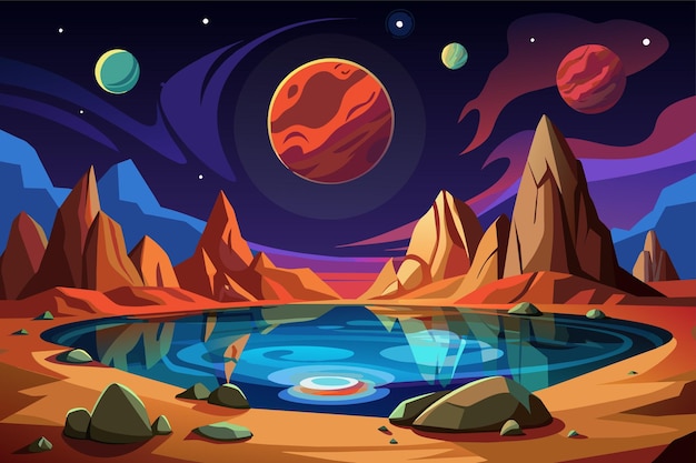 una pintura digital de un lago con una piscina de agua y montañas en el fondo