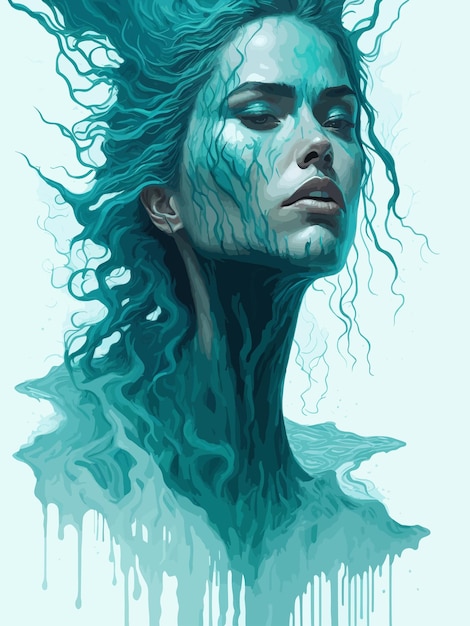 Una pintura digital de una mujer con cabello azul y ojos verdes.