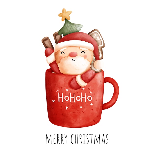 Pintura digital Navidad santa en taza de Navidad aislado sobre fondo blanco.