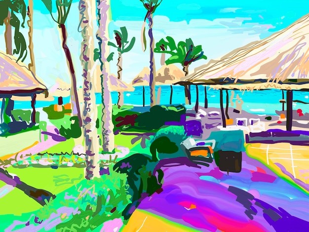 Pintura digital del paisaje de playa de verano en Egipto con palm tr