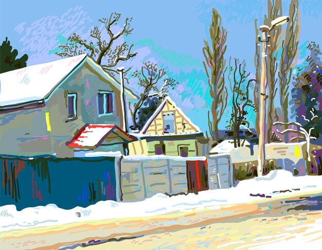 Pintura digital del paisaje rural ucraniano de invierno