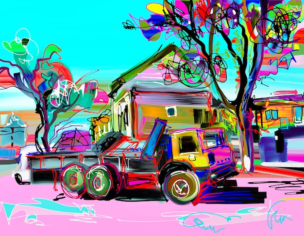 Pintura digital Pleinair del paisaje rural con árboles de casas de automóviles y carreteras de KamenetsPodolsky