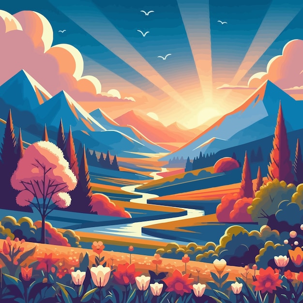 una pintura digital de un río y montañas con una puesta de sol en el fondo