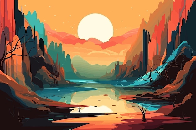 una pintura digital de un río con una puesta de sol de fondo.