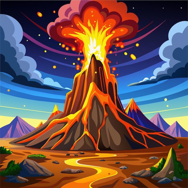 una pintura digital de un volcán con una montaña en el fondo