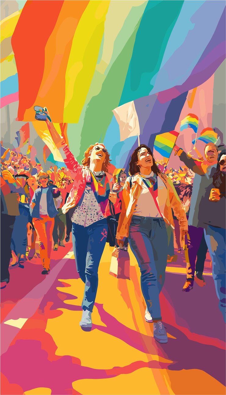 Vector una pintura de dos mujeres en un fondo de color arco iris