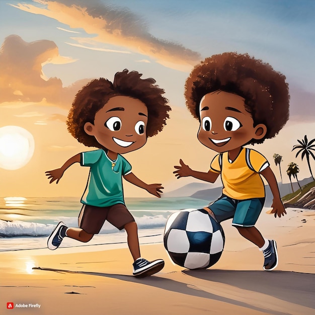 Vector una pintura de dos niños jugando al fútbol en una playa