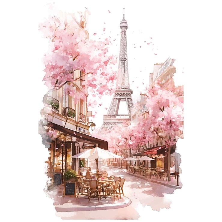Vector una pintura de una escena callejera con un árbol rosa en el fondo y una gran torre eiffel en el
