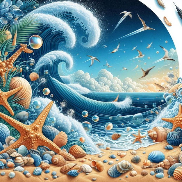 Vector una pintura de una escena con una escena con el océano y la estrella de mar