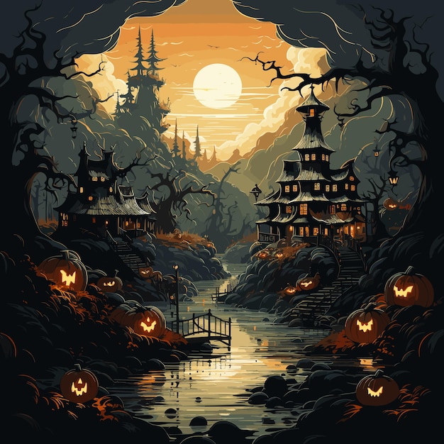 Pintura de escena de Halloween con calabazas y puente sobre el río