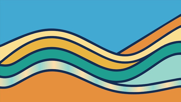 una pintura de una escena de playa con una ola de rayas azules y verdes