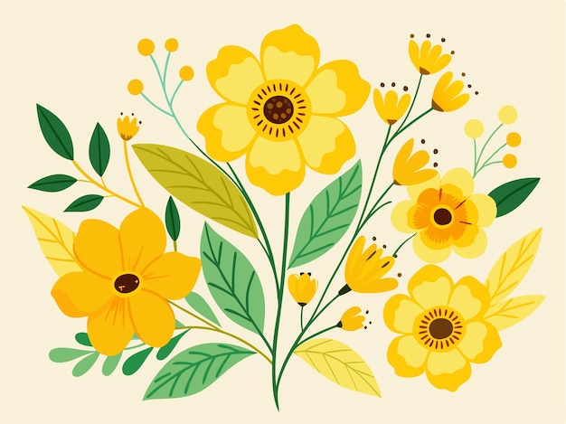 una pintura de flores amarillas con hojas verdes y una hoja verde