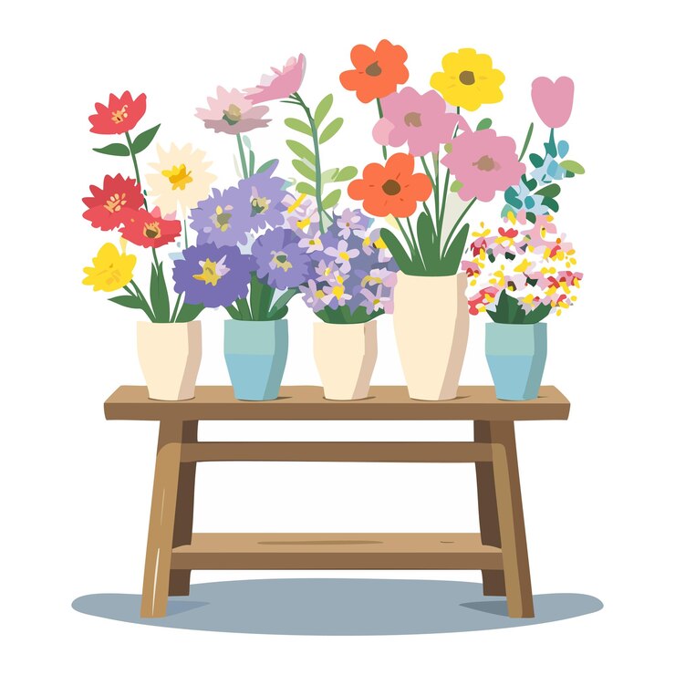 Vector una pintura de flores y un banco con un corazón en la parte superior