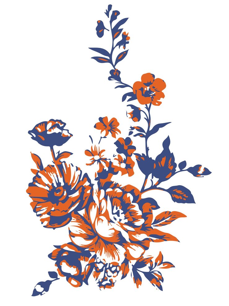 una pintura de flores con colores naranja y azul