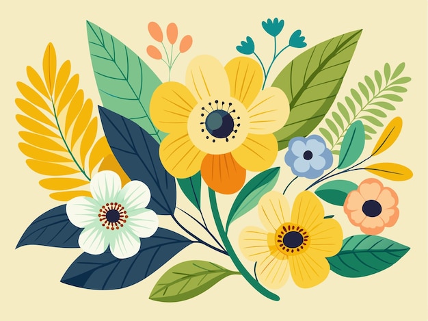 una pintura de flores y hojas con un centro azul
