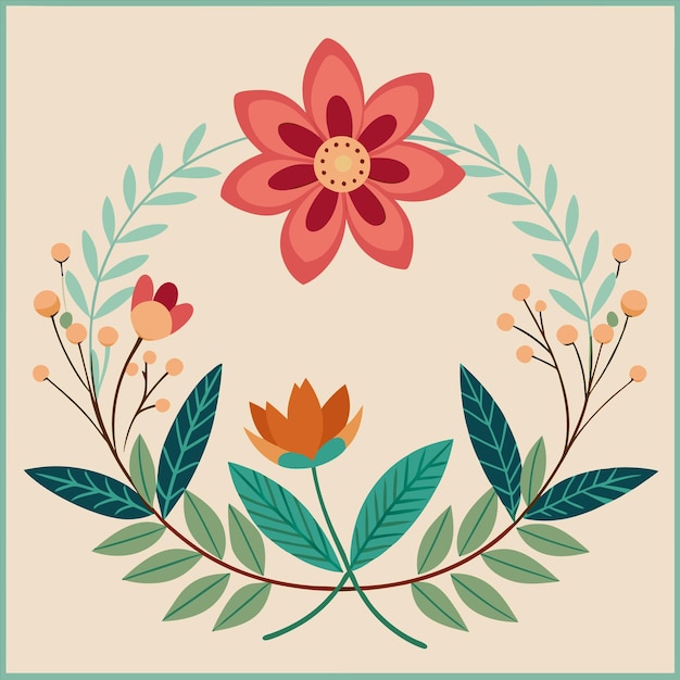 una pintura de flores y hojas con una flor roja