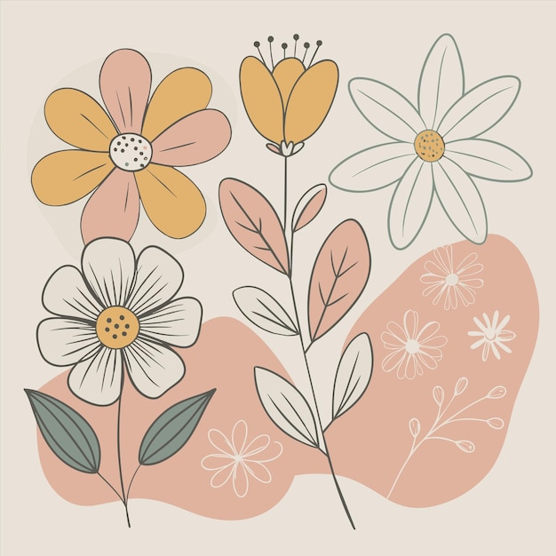 una pintura de flores y hojas con un fondo rosa