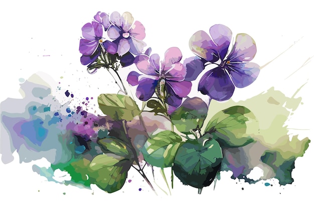 Una pintura de flores moradas con hojas verdes y la palabra violeta.