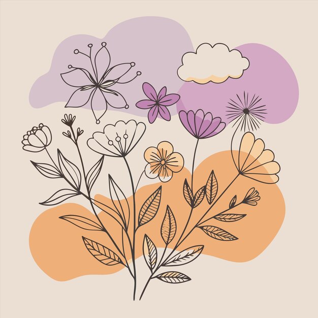 una pintura de flores y nubes con un fondo de cielo