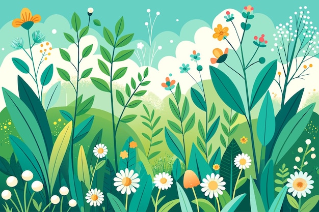 Vector una pintura de flores y plantas con un pájaro en el medio