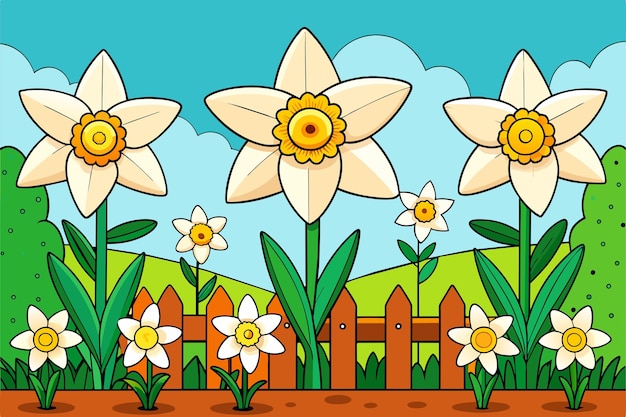 una pintura de flores y una valla con una valla en el fondo