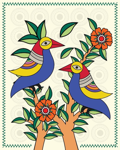 Vector pintura folclórica india de loro con estilo de arte de kalighat madhubani colorido con tradicional indio