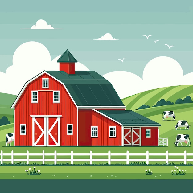 Una pintura de una granja con un granero y vacas en el fondo