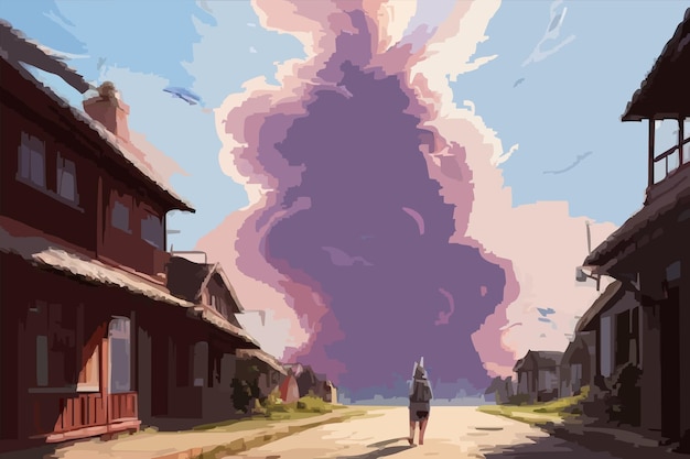 Una pintura de un hombre caminando por una calle con una nube en el cielo