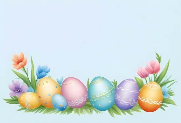 Vector una pintura de huevos de pascua en el césped con flores