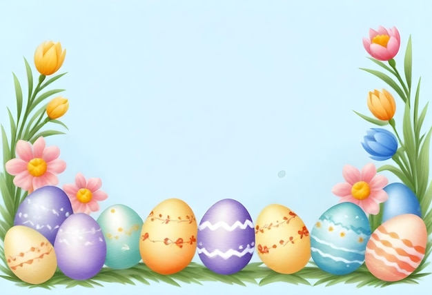 una pintura de huevos de Pascua con un fondo azul con flores y un fondo azul