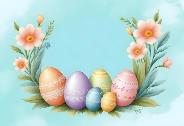 Vector una pintura de huevos de pascua en un marco con flores y un marco para la cita de texto