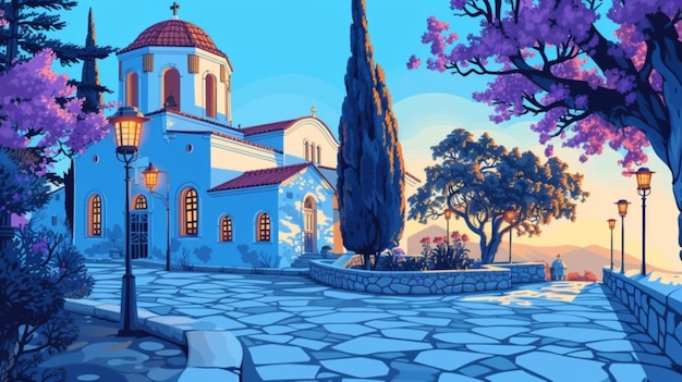 Vector una pintura de una iglesia con un árbol en el fondo