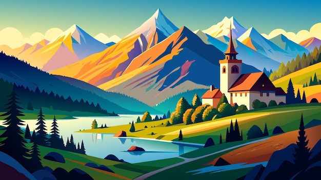 Pintura de una iglesia en las montañas