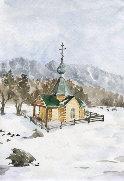 Una pintura de una iglesia en la nieve.