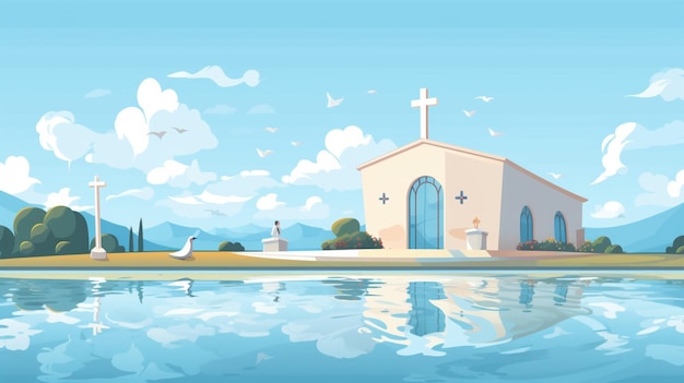 Vector una pintura de una iglesia con un pájaro en la parte superior de ella