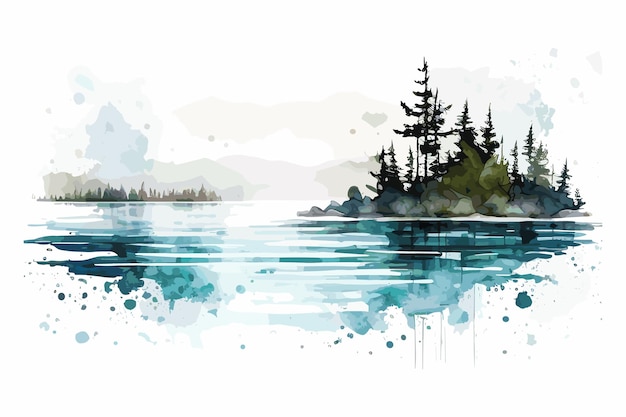 Una pintura de un lago con un bosque en la orilla.
