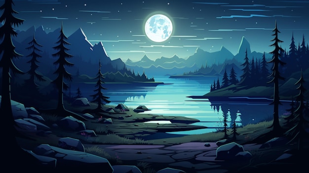 Vector una pintura de un lago con una luna llena y árboles en el fondo