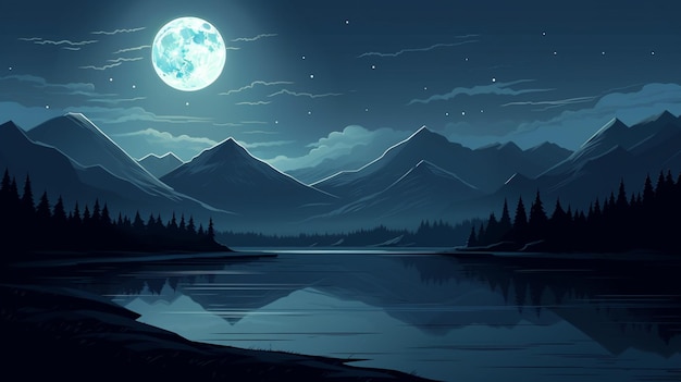 Vector una pintura de un lago con una luna llena en el cielo