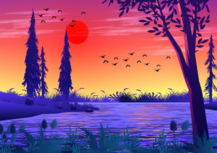Una pintura de un lago con una puesta de sol y algunos pájaros volando en el cielo.