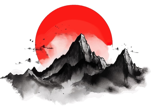 Vector pintura de lavado de tinta negra estilizada de montañas en estilo japonés minimalista oriental tradicional ilustración vectorial