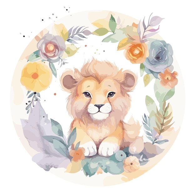 Vector una pintura de un león bebé con flores y hojas en él león acuarela bebé