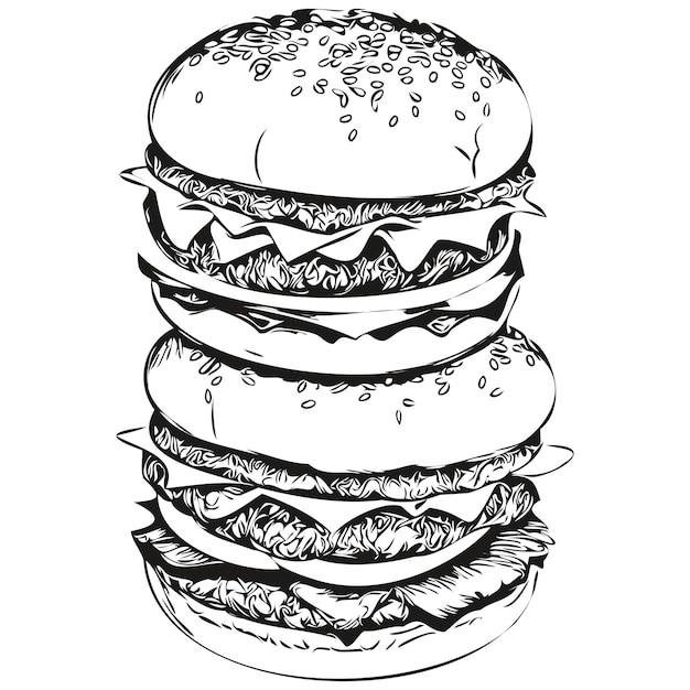 Pintura lineal en blanco y negro dibujar hamburguesa vector ilustración hamburguesa