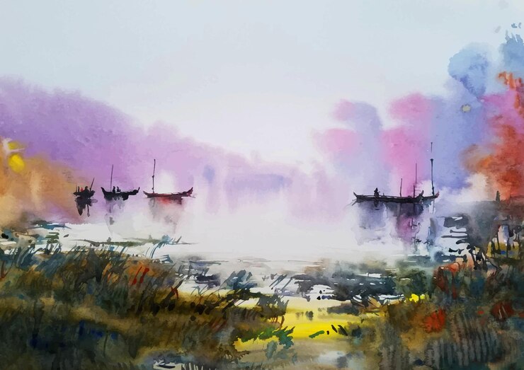 Pintura de la mano de la acuarela de Riverscape