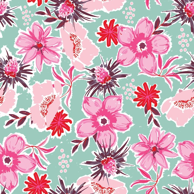 Pintura a mano artística patrones florales sin costura floreciente flor de jardín vector EPS10, diseño para moda, tela, textil, papel tapiz, cubierta, web, envoltura y todas las impresiones en menta verde claro